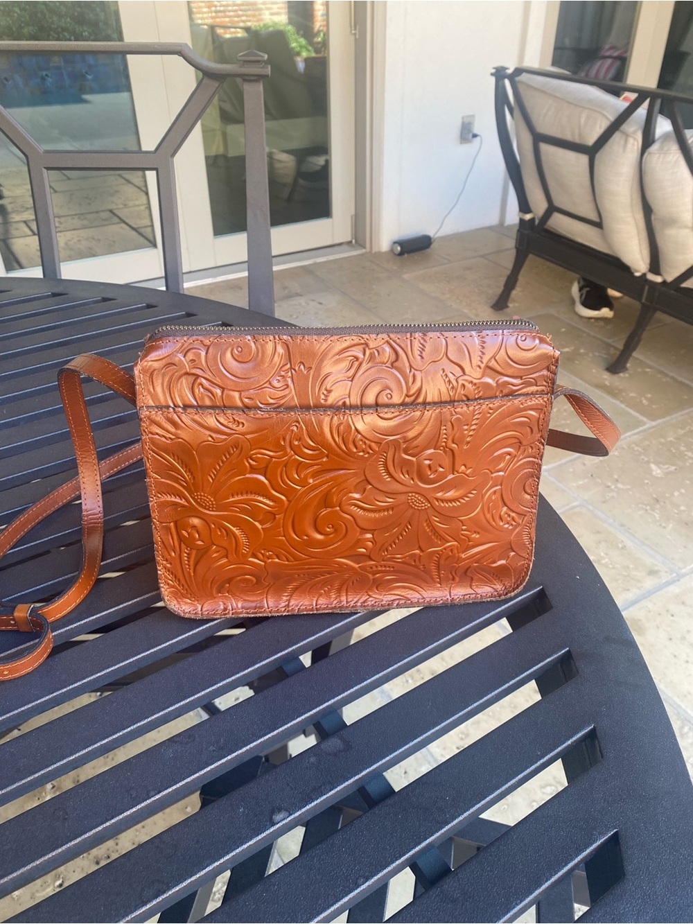 Patricia Nash Embossed Floral Leather Crossbody - Cognac Brown